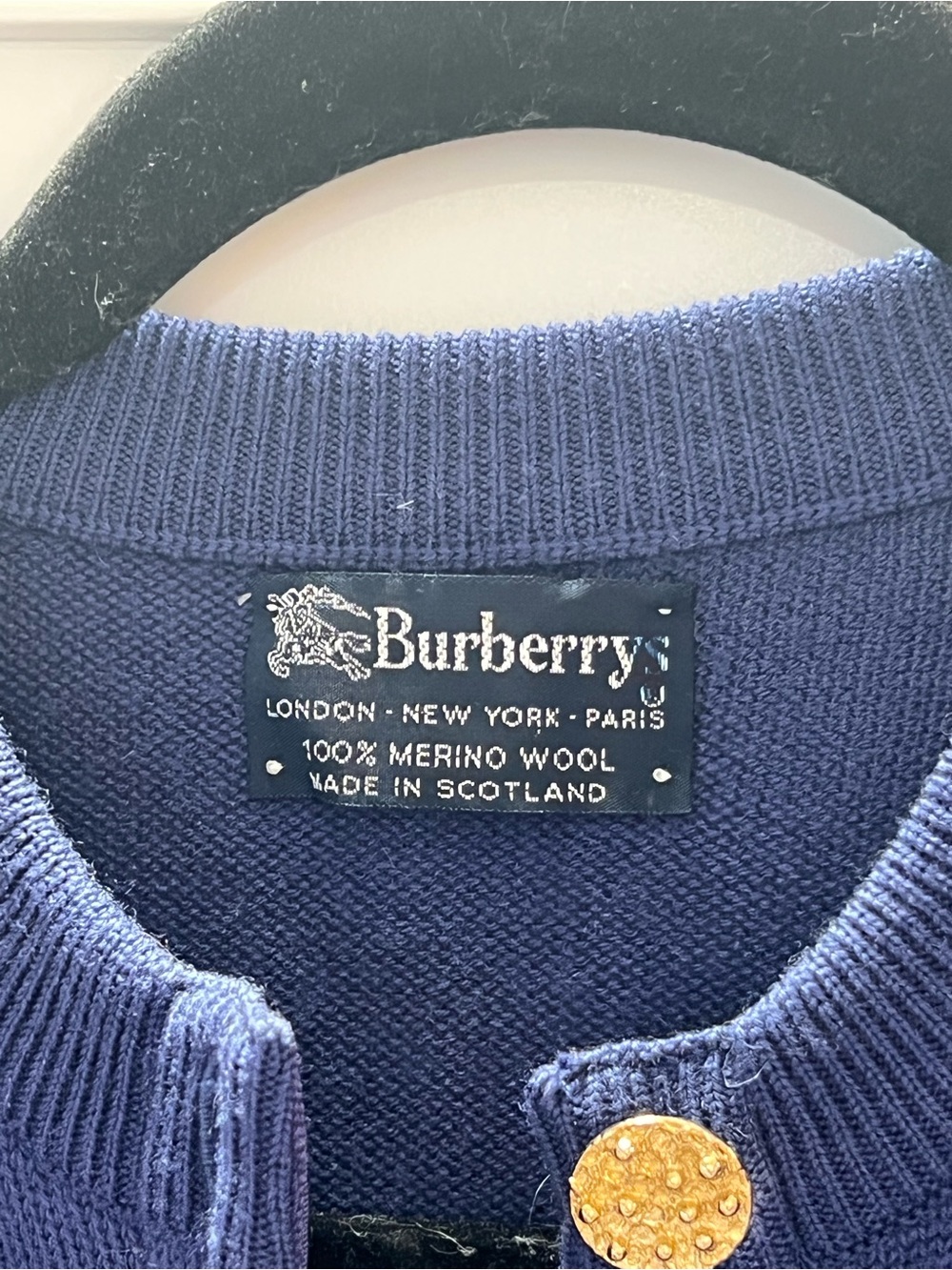 Burberry Men’s Navy Merino Wool Cardigan with Gold Button